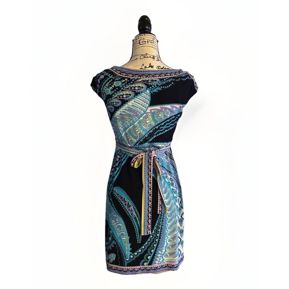 New York and Company Small Bold Multi Color Paisley Dress Stretch Blue Boat Neck - Picture 3 of 5